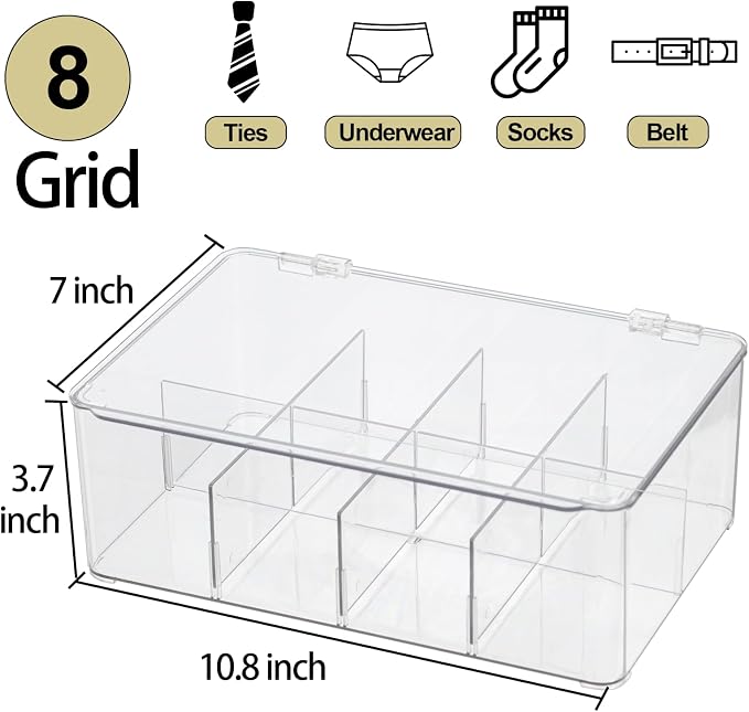 ZEXALOR Clear Tea Bag Organizer, Dresser Organizers Drawer Organzier Storage Container with Removable Dividers, Plastic Storage Bin with Lid, Organizer for Scarves Ties Bras