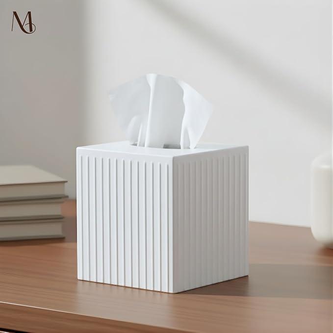 Monarch Abode Tissue Box Cover Square – Handcrafted Ridge Embossed White Metal Tissue Holder Box for Bathroom Accessory, Aesthetic Decorative Facial Napkin Cube for Modern Home Decor