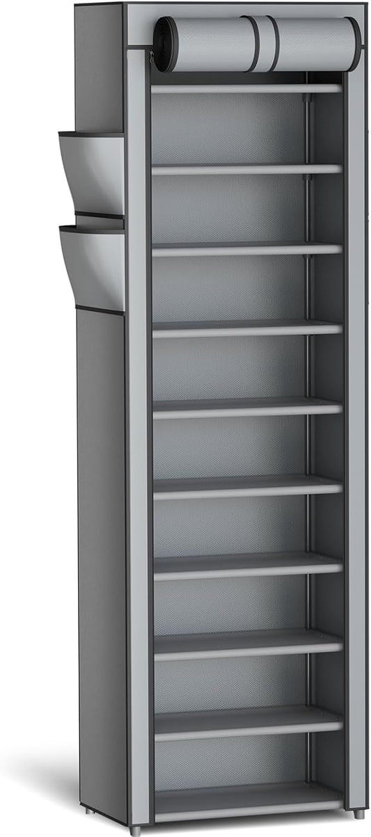 Kitsure Shoe Rack - 10-Tier Large Capacity Shoe Organizer Shelf with Dust Cover & Side Pockets, Rust-Proof Metal Shoe Rack for Closet, Entrance, Living Room, 17.5" x 12.4" x 69.3", Grey