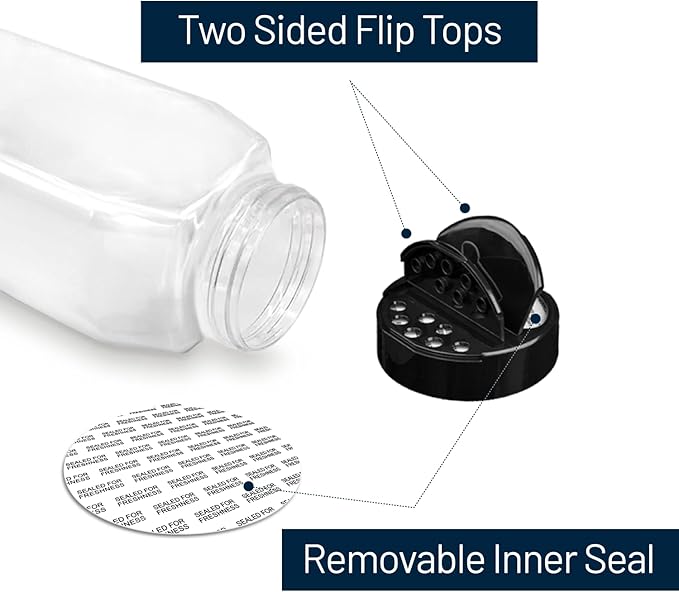 Plastic Spice Jars Bottle Containers with Black Cap, 32 Oz, 6 PACK | Clear Safe Plastic Bottle Containers with Shaker Lids, Lined Cap, PET Material, BPA-Free, Perfect for Herbs & Spices