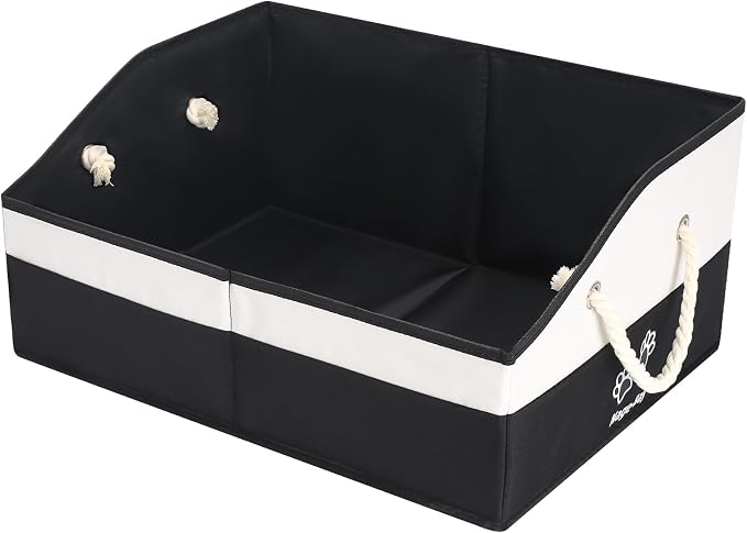 Large Dog Toy Basket with Handle, Foldable Dog Toy Box for Living Room Area , 20" Basket for Dog's Supplies, Organizer and Storage with Hard Board, Anti-Slip for Pet Toys (Black, Medium 20"×15")