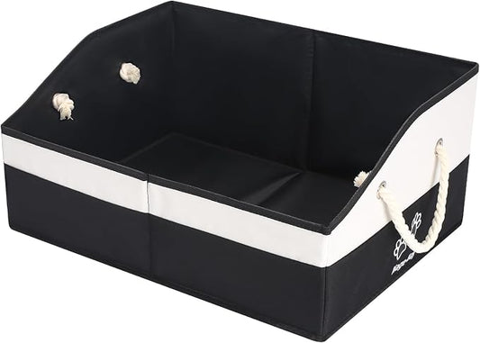 Large Dog Toy Basket with Handle, Foldable Dog Toy Box for Living Room Area , 20" Basket for Dog's Supplies, Organizer and Storage with Hard Board, Anti-Slip for Pet Toys (Black, Medium 20"×15")