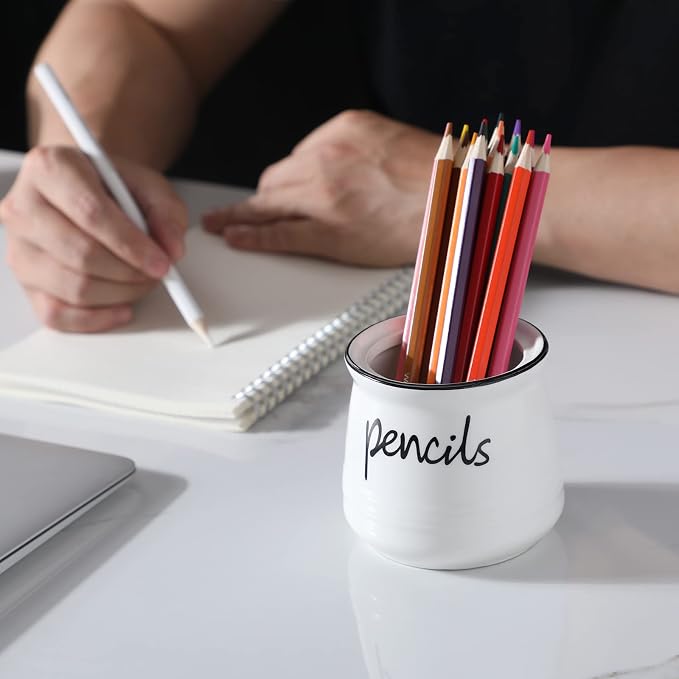 ONTUBE Porcelain Pencils Holder Stand,Ceramic Pens Holder (White)