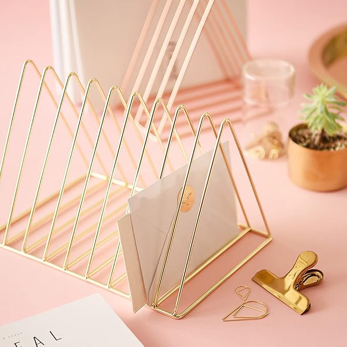 Sooyee 9 Slot Metal Record Holder Storage, Rose Gold | Magazine Holder, Book Album Display Rack, Desktop File Sorter Organizer, Triangle Bookshelf Decor for Home Office