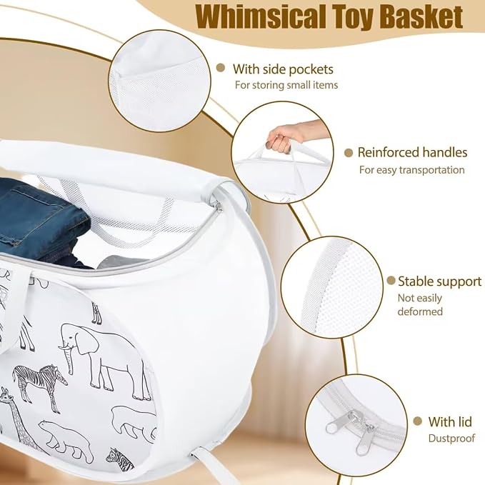 Collapsible Toy Box with Zipper Lid- Stuffed Animal Storage Basket White | Sturdy Foldable Toy Basket, Lightweight, Easy-Carry Handles, Space-Saving, Animal Print, for Kids Room, Playroom, Bedroom