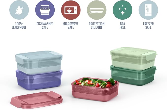 Ello Plastic Meal Prep Set BPA Free Plastic Food Storage Container with Silicone Boot and Airtight Lids, Dishwasher, Microwave, and Freezer Safe.