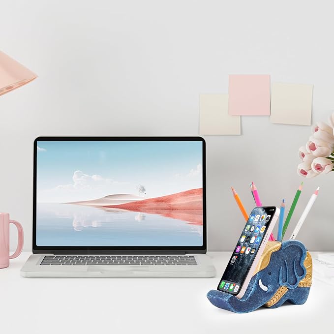 MOKANI Elephant Pencil Holder with Phone Stand, Elephant Gifts for Women | Office Home Desk Organizer Accessories Cute Desk Decor Decorations Thanksgiving Christmas Christmas Gift