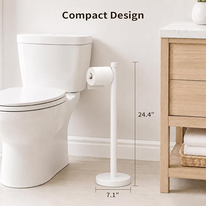 YUMORE Toilet Paper Holder Stand with Weighted Base, Matte White | Stainless Steel Design with Open-Arm Access for Bathrooms and Powder Rooms