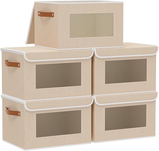 Beige Portable Storage Box,Closet Bin,10.2x7.8x6.7In,5Pack | Decorative Storage Bins with Lids,Shelf Baskets with Handles and Window,Fabric Closet Organizers,Sock Cube Container for Home