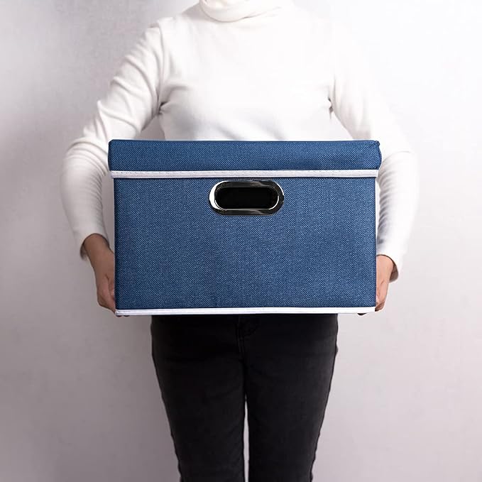 PRANDOM Foldable Storage Bin with Lid [5-Pack] Linen Fabric Decorative Storage Box Organizer Container Basket Cube with Handles Divider for Closet Office Living Room Royal Blue(14.9x9.8x9.8)