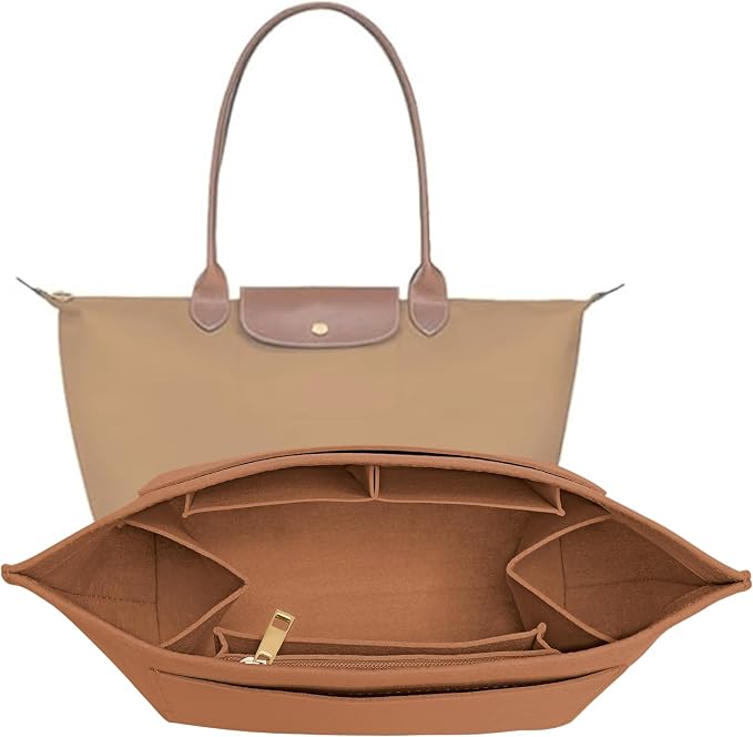 LOUKAYCCI Purse Organizer Insert for Longchamp Le Pliage L Handbag Insert Felt Long Champ Tote Bag Organizer Insert with Cup (EarthColor, Large)