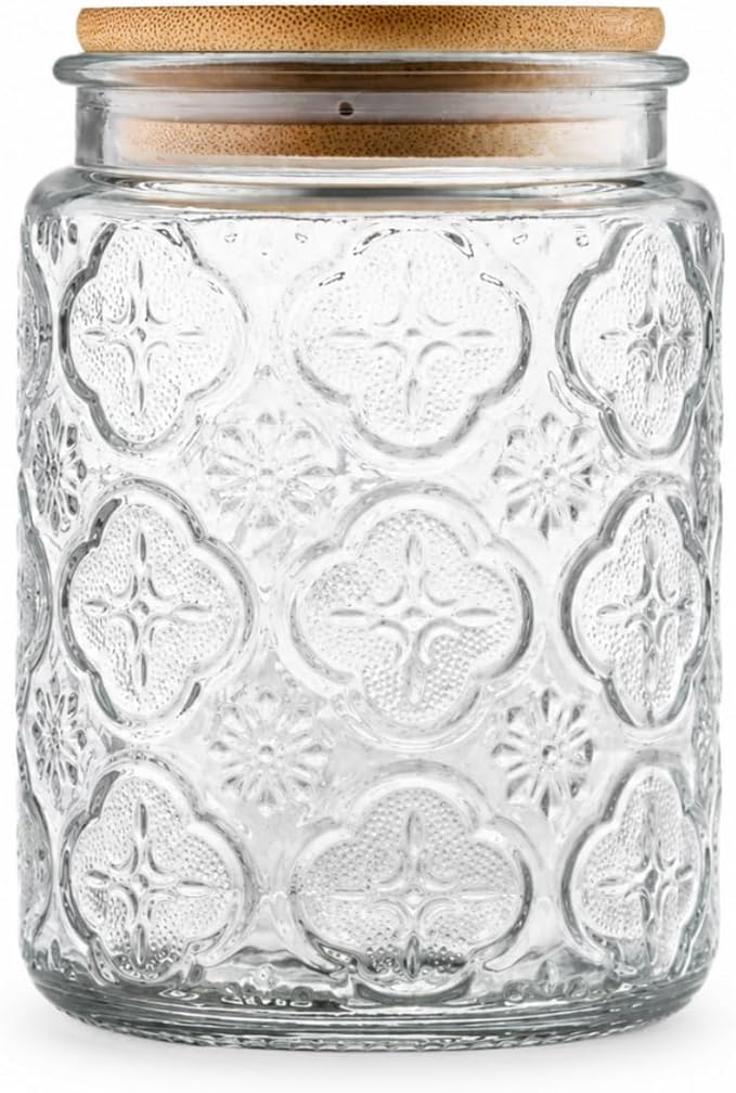 ANSQU Vintage Glass Jar with Bamboo Lid, 23.7 oz Decorative Jar, Cute Jar | Glass Storage Container with Lid, Airtight storage for coffee, tea, sugar, snacks and more.