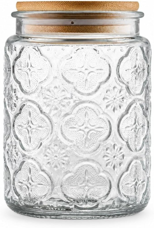 ANSQU Vintage Glass Jar with Bamboo Lid, 23.7 oz Decorative Jar, Cute Jar | Glass Storage Container with Lid, Airtight storage for coffee, tea, sugar, snacks and more.