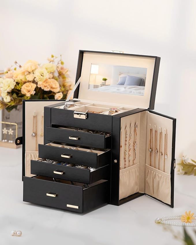 Homde Synthetic Leather Huge Jewelry Box Mirrored Watch Organizer Necklace Ring Earring Storage Lockable Gift Case (Black + Gold)