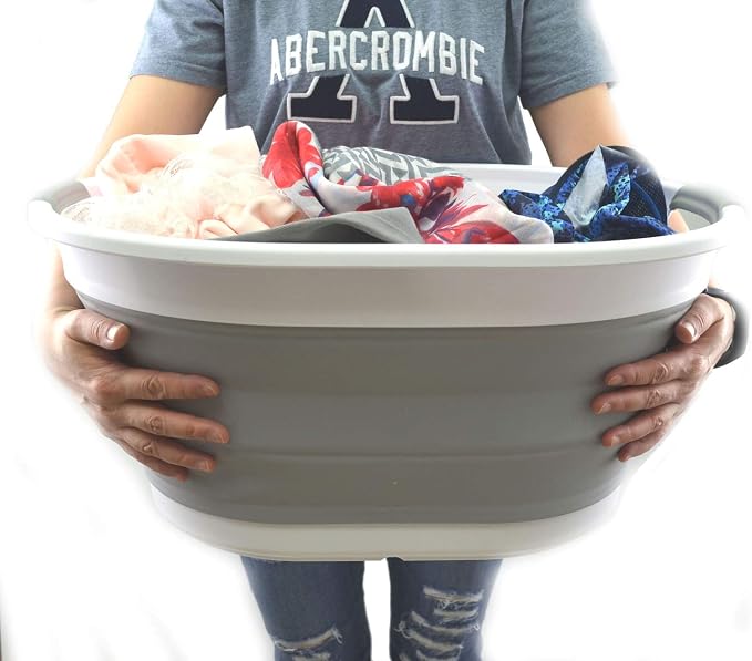 SAMMART 28L (7.4 gallon) Collapsible Plastic Laundry Basket-Oval Tub/Basket - Portable Washing Tub-Space Saving Laundry Hamper, Water capacity: 22L (5.8 gallon) (2, Grey)