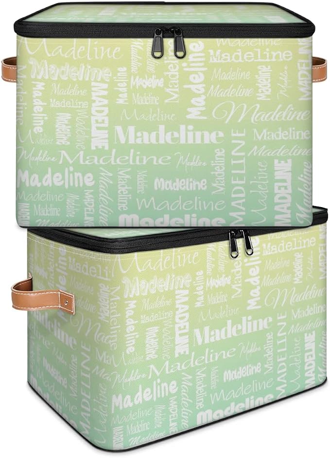 Custom Storage Basket with Name, Personalized Keepsake Box with Zipper Lid, Foldable Fabric Memory Bin Large capacity with Handle Yellow Green