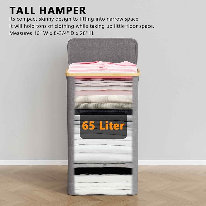 SpaceAid Slim Laundry Hamper with Lid, 65L Narrow Clothes Basket Bin with Bamboo Handles, Skinny Tall Collapsible Hamper for Bedroom, Bathroom, Dorm, Laundry Room - Grey