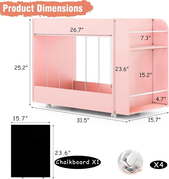 Kids Toy Storage Organizer with Drawing Chalkboard, Toy Storage Box with Stuffed Animal Storage and 2-Tier Kids Bookshelf, Toy Organizer Chest with 360° Wheels for Playroom, Nursery, Bedroom, Pink