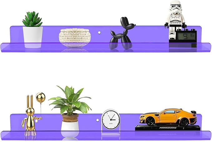 ROYALITA 2-Pack Acrylic Shelves Wall Mounted, 24 Inch Floating Shelves | for Small Items Plants Organize Wall Shelves for Gaming Room, Bedroom, Living Room, Office, Purple