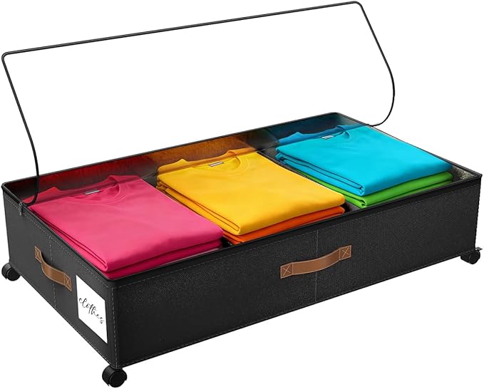 Under Bed Storage with Wheels, Rolling Storage Containers with Clear Lid and Handles for Clothes, Shoes, Blankets, Pillows, Toys, Books, Bags (60L, 30.9 x 16.9 x 6.7in, Black, 1 Pack)