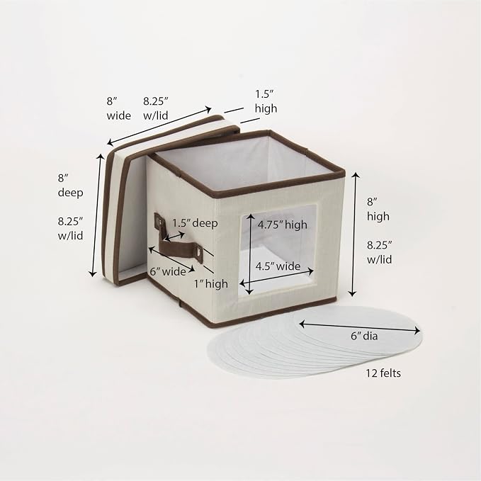 Household Essentials China Plate Storage Box, Holds 12 Dessert Plates or Bowls, Windowed Panel, Sturdy Frame and Reinforced Handles, Felt Cushions, Fully Removable Lid