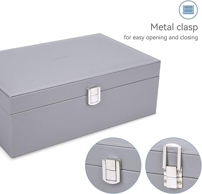LANDICI Jewelry Box Organizer for Men Women, 2 Layer 4 Slot Watch Storage Case with Removable Tray, PU Leather Large Jewellery Holder Display for Watches Sunglasses Rings Earrings Necklace, Grey