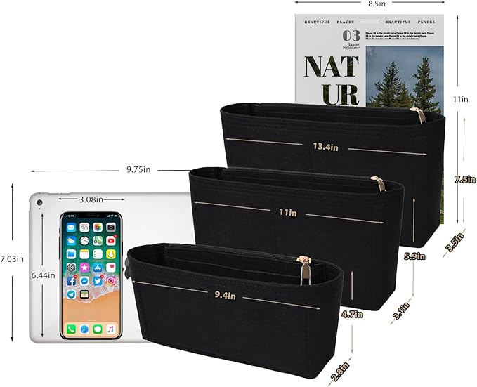 Surblue Purse Organizer Insert for Handbags, Felt Bag Organizer with Zippers Handbag Shaper Pouch for Classic 19 Flap Bag, Marmont, Onthego,（Black, Slender M）