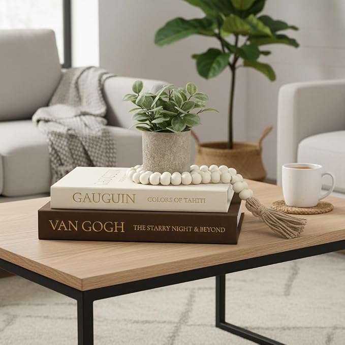 Decorative Books for Home Decor - Stackable Faux Book Box for Coffee Table Styling & Hidden Storage - Neutral Linen Fake Books as Display Riser for Shelf & Entryway (Set of 2, Van Gogh Art)