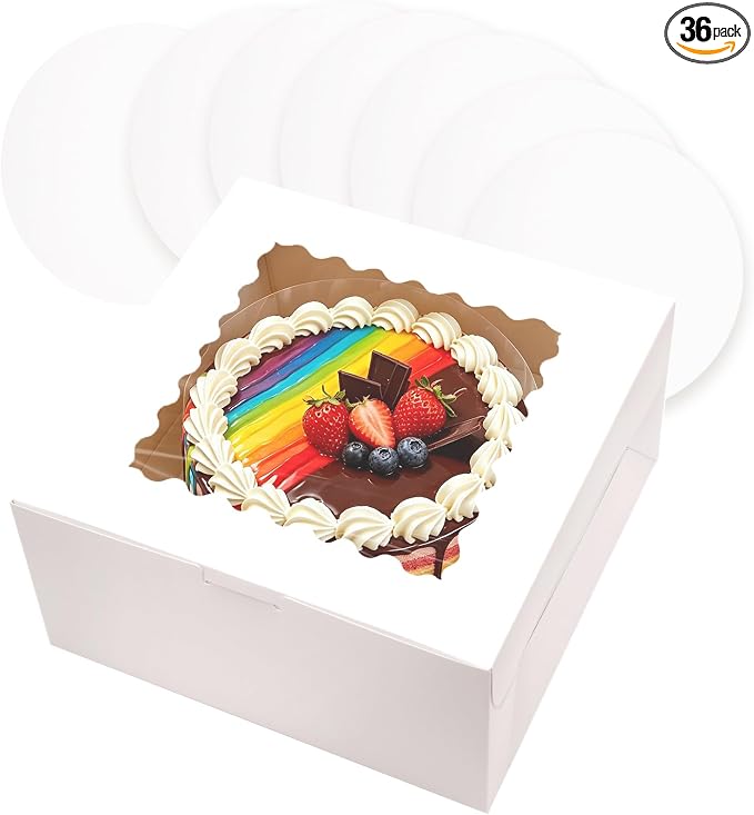 qiqee White 8"x8"x5" Cake Box 36Pcs, 8" White Cake Round Boards 36Pcs, for Cake, Treat Cookie Dessert, Birthday Party