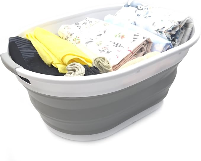 SAMMART 28L (7.4 gallon) Collapsible Plastic Laundry Basket-Oval Tub/Basket - Portable Washing Tub-Space Saving Laundry Hamper, Water capacity: 22L (5.8 gallon) (2, Grey)