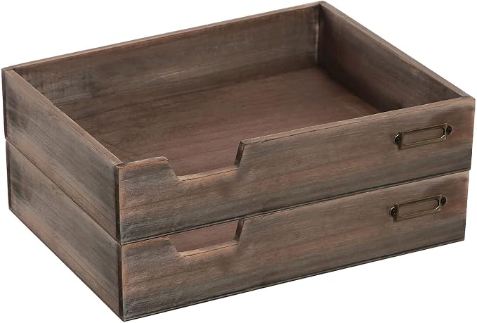 MyGift Set of 2 Vintage Distressed Finish Brown Wood Stackable Office Desktop Document Letter Paper Tray