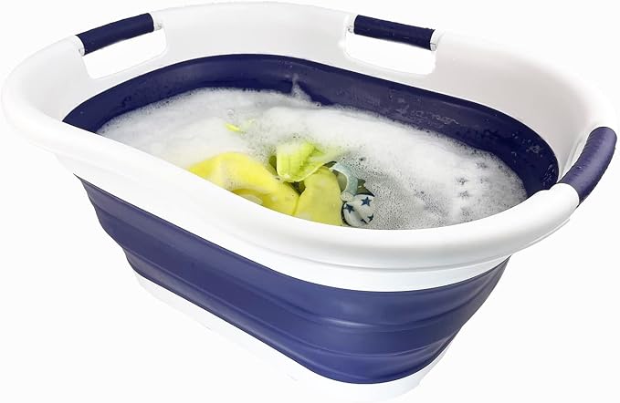 SAMMART 40L (10.5 gallon) Collapsible Plastic Laundry Basket - Foldable Pop Up Storage Container/Organizer - Portable Washing Tub - Space Saving Hamper/Basket (White/Navy Blue)