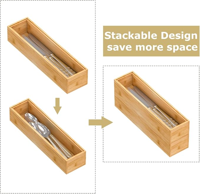 Bamboo Kitchen Drawer Organizer, Stackable Silverware Tray Utensil Organizer Cutlery Holder for Kitchen,Wooden Storage Box for Bathroom, Multi-Use Storage Bins Dividers for Office(12x3x2.5 inch）