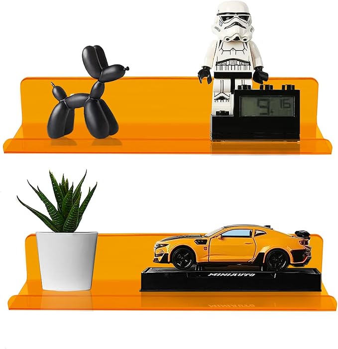 ROYALITA 2-Pack Small Acrylic Shelves Wall Mounted, 12 in Display Shelves | for Small Items, Plants, Room Decor Floating Wall Shelves for Gaming Room, Bedroom, Living Room, Office, Orange