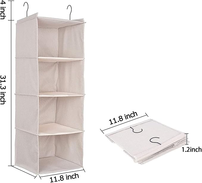 Hanging Closet Organizer 4-Tier, Oxford Wardrobe Storage, Beige Houndstooth | Easy-mount foldable design holds clothes, handbags, shoes & accessories; washable Oxford fabric, sturdy and space-saving.