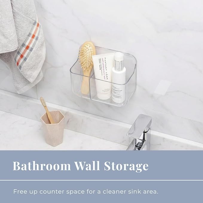 No-Drill Wall Storage Basket – 2-Compartment Clear Acrylic Organizer Bin with Strong Adhesive, Easy to Install & Remove, Waterproof Shelf for Kitchen, Bathroom, Cabinet – Sandra Series