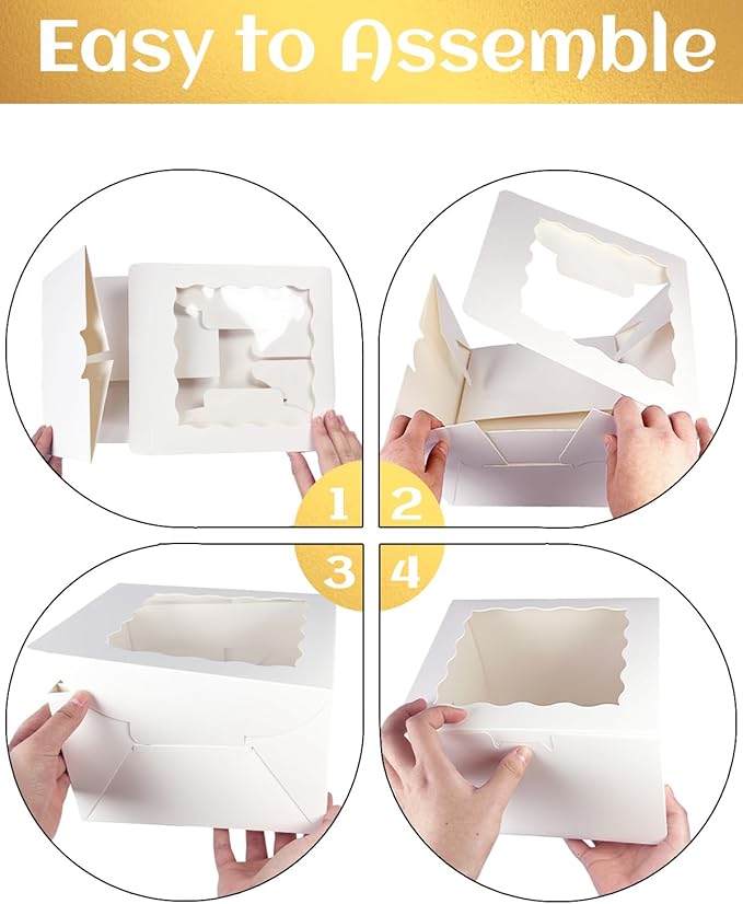qiqee White 8"x8"x5" Cake Box 4Pcs, 6" White Cake Round Boards 4Pcs, for Cake, Treat Cookie Dessert, Birthday Party