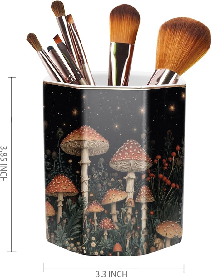 Ceramic Mushroom Pen Holder for Desk Cute Stand Gold Pencil Cup Pot Desk Organizer Makeup Brush Holder for Girls, Women, Unique Stationery for Office, Home, Colorful