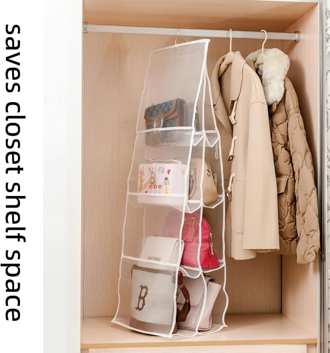 Hanging Purse Organizer for Closet Handbags Storage 2 Pack 8 Pockets and 6 Pockets Purse Organizer with Metal Hooks - White Nylon
