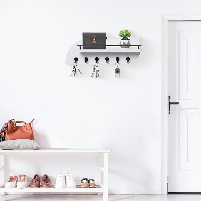 Key Holder for Wall, Decorative Key and Mail Organizer with 6 Sturdy Metal Hooks and Floating Shelf, 14 Inches Wood Wall Mounted Key Rack for Entryway, White and Black