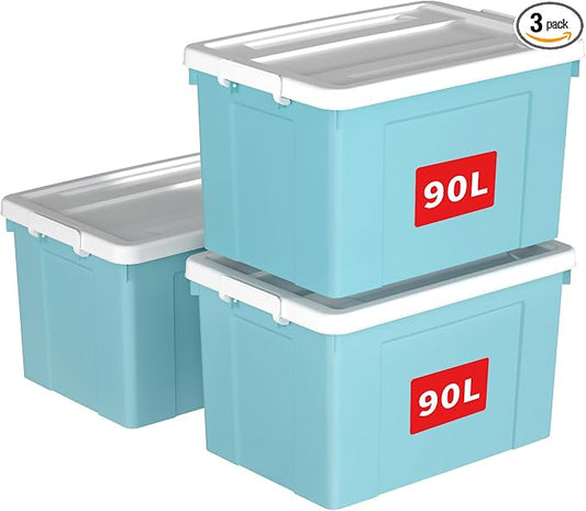 Cetomo Lidded Storage Bin with Handle, Tote Organizing Container with Wheels, Lid and Secure Latching Buckles, Stackable and Nestable, Plastic, 95 Quart-3 Pack, Blue