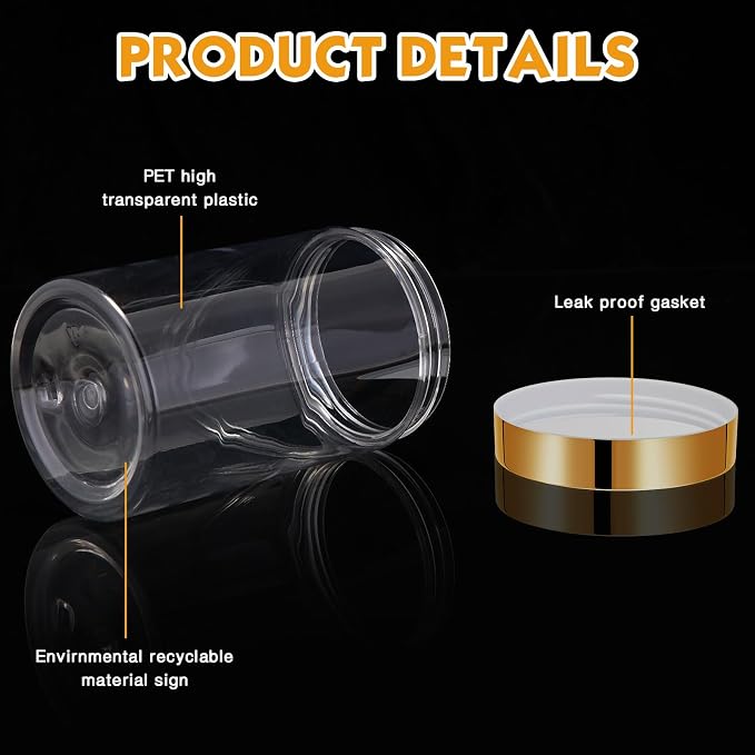 SATINIOR 12 Pack 12 oz Plastic Container Jars with Lids Round Clear Travel Cosmetic Container Slime Jars for Toiletries, Lotion, Cream, Ointments, Makeup, Rhinestone, Samples, Kitchen Storage(Gold)