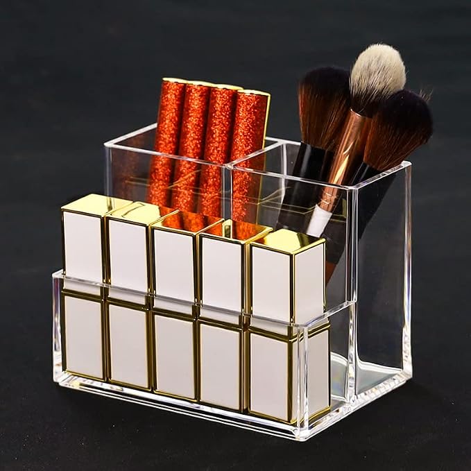 Acrylic Makeup Organizer Cosmetic Storage Makeup Display Case Makeup Brush Holder Lipstick Dispenser Canister Bathroom Container (5.1 x 3.5 x 3.9 in, 3 Partitions, Transparent)