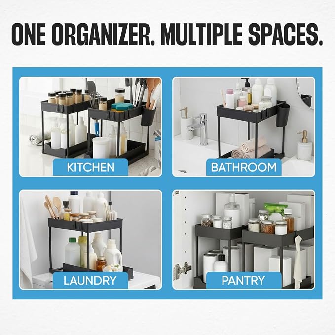 Undersink Organizer, 2-Tier Under Sink Storage Rack with Sliding Drawers for Kitchen Bathroom Cabinets, Pull Out Organizer for Pantry, Laundry Room & Closet Organization - 1 Pack, Black