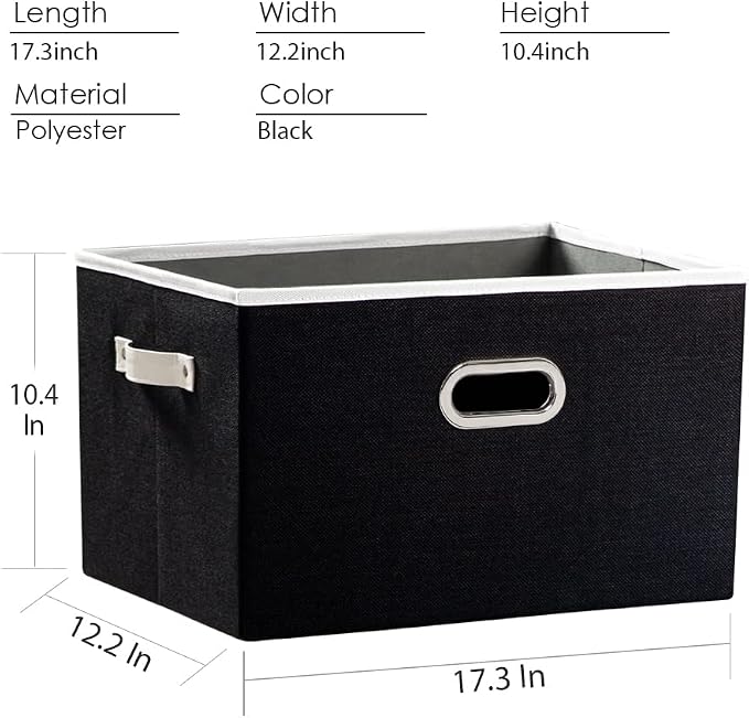 PRANDOM Larger Collapsible Storage Bins for Closet [5-pack] Decorative Linen Fabric Storage Baskets Cubes with Leather/Metal Handles for Living Room Black (17.3x12.2x10.4 Inch)