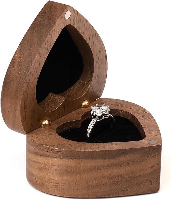 Engagement Proposal Ring Box Secret Slim Engraved Wooden Heart Case | Engrave"You are my universe", Walnut Wood Ring Bearer Box Jewelry Storage Holder Display for Wedding Ceremony Commemoration