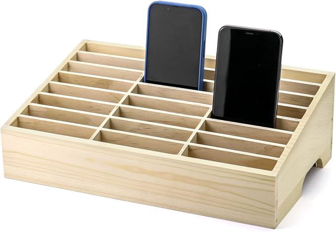 QWORK Wooden Cell Phones Storage Box 24-Grid, Desktop Mobile Phone Holder Management Storage Box Organizer, Multi Cell Phone Rack Display