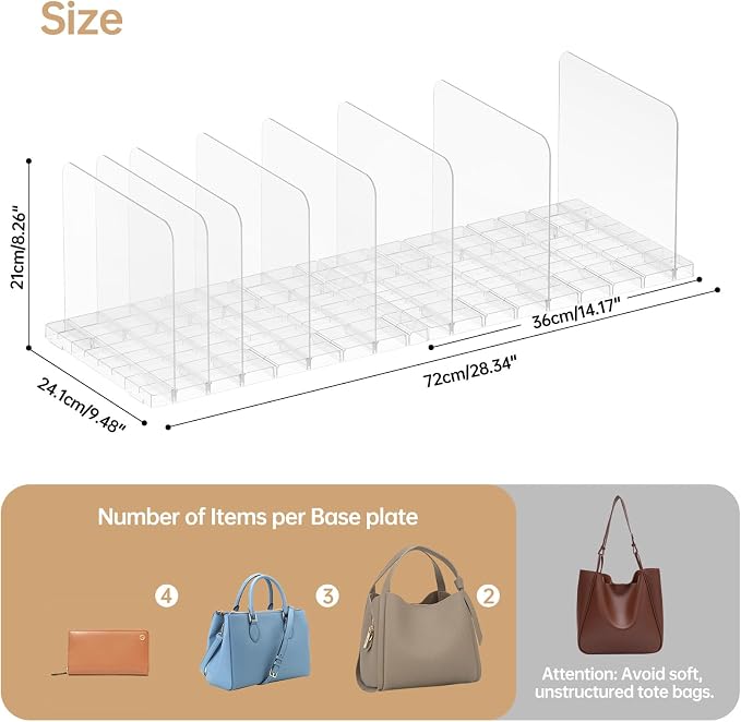 PAVSTINE Purse Organizer for Closet, Stackable Handbag Storage Shelf, Adjustable Clear Shelf Dividers, Keep Clutch, Bag, Pocketbook Upright, for Bedroom