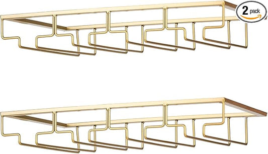 FOMANSH Wine Glass Rack - Under Cabinet Stemware Wine Glass Holder Glasses Storage Hanger 2 Pack Metal Organizer for Bar Kitchen Gold