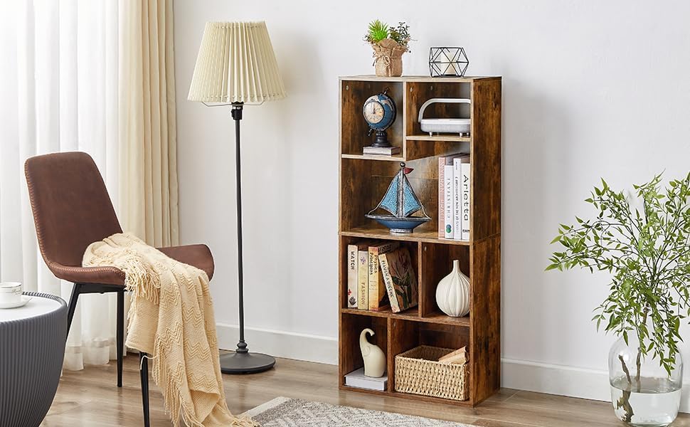 VECELO Wide Kids Staggered 7-Cube Bookshelf, Extra Large Freestanding Open Storage Organizer with Multi-Size Compartment